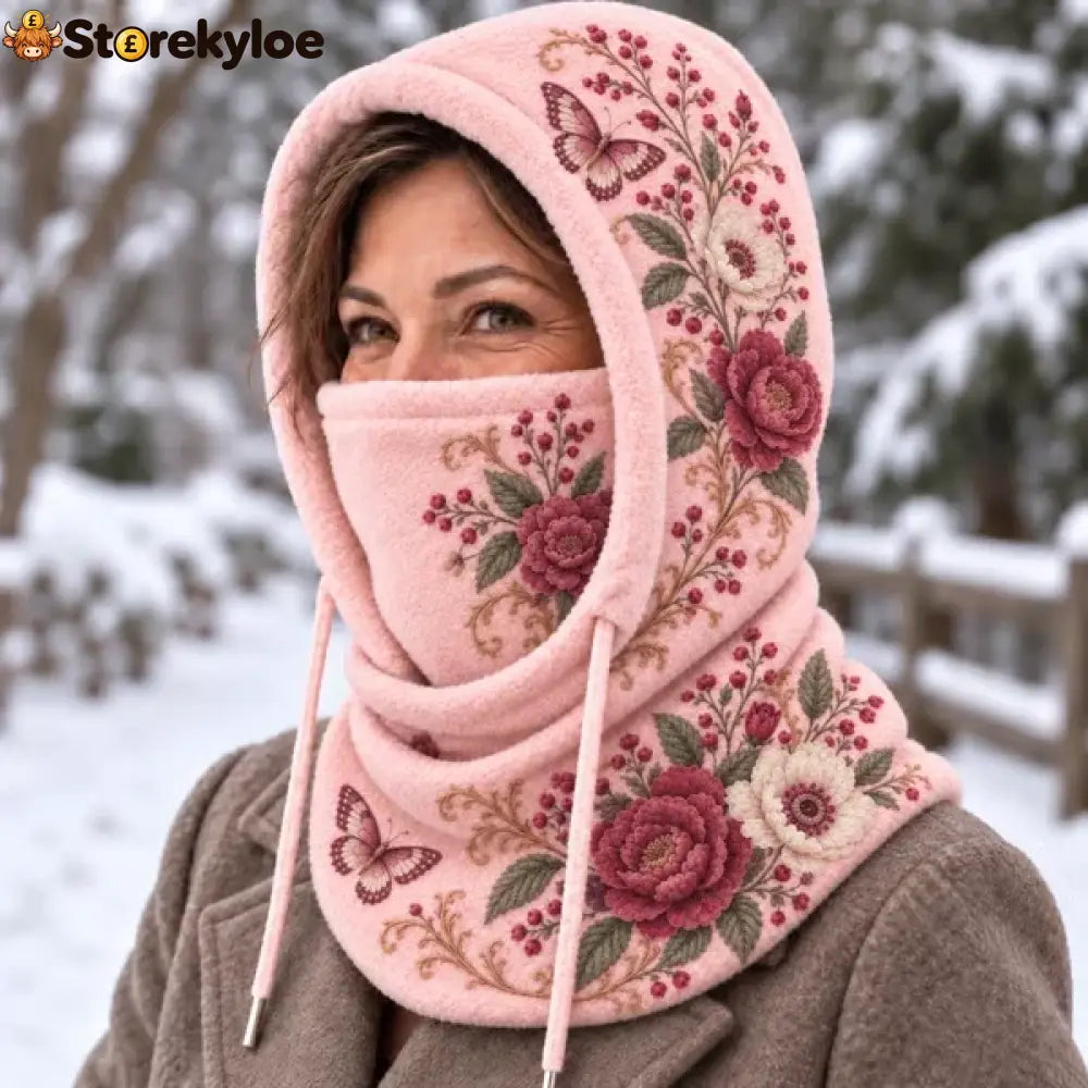 🌸Women’s Floral 3-in-1 Winter Hood – Fleece-Lined Embroidered Hat Face Cover & Neck Warmer - Blush Pink - Burgundy