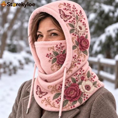 🌸Women’s Floral 3-in-1 Winter Hood – Fleece-Lined Embroidered Hat Face Cover & Neck Warmer - Blush Pink - Burgundy