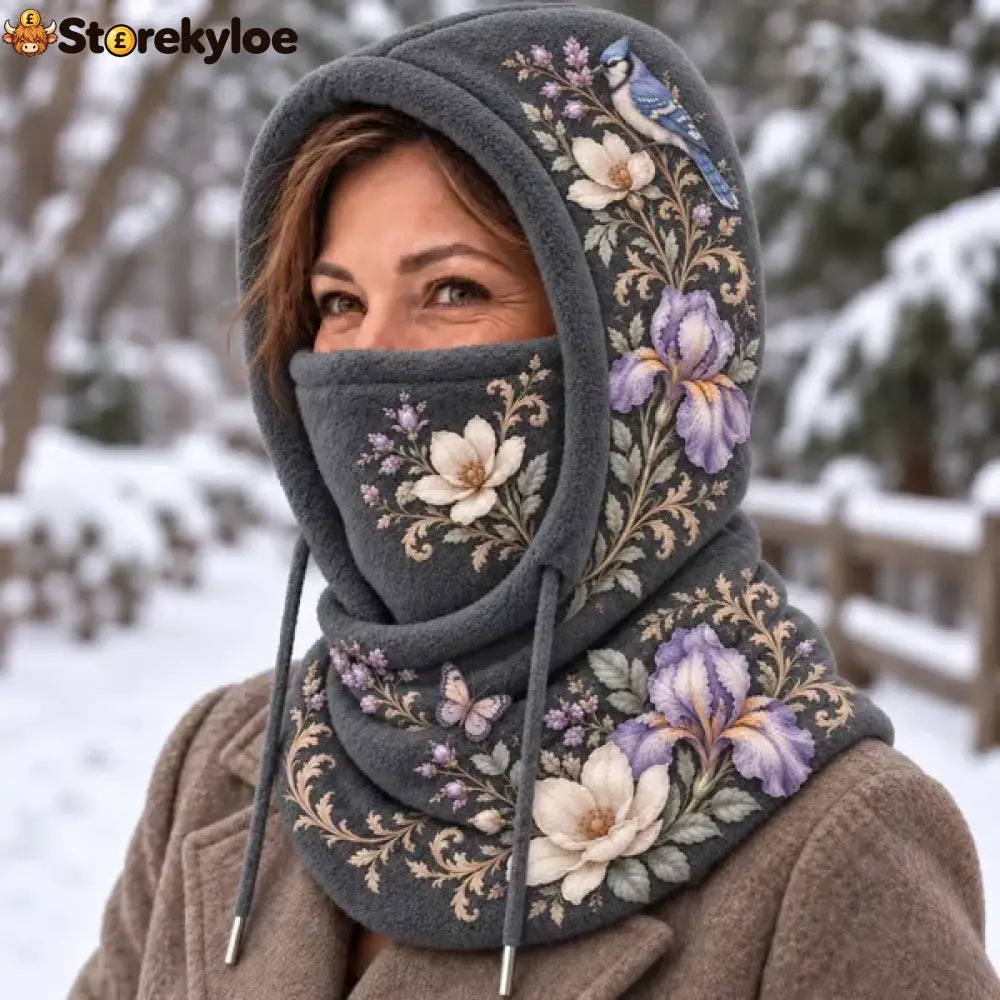 🌸 Women’s Floral 3-in-1 Winter Hood – Fleece-Lined Embroidered Hat Face Cover & Neck Warmer - Charcoal Gray - Purple
