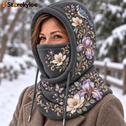 🌸Women’s Floral 3-in-1 Winter Hood – Fleece-Lined Embroidered Hat Face Cover & Neck Warmer - Charcoal Gray - Purple