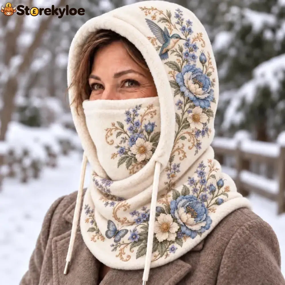 🌸Women’s Floral 3-in-1 Winter Hood – Fleece-Lined Embroidered Hat Face Cover & Neck Warmer - White - Blue Florals