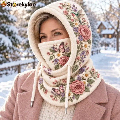 🌸 Women’s Floral 3-in-1 Winter Hood – Fleece-Lined Embroidered Hat Face Cover & Neck Warmer - White - Pink Florals