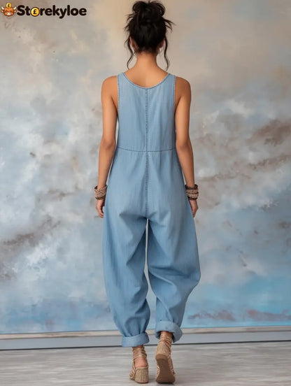 Women’s Floral Pattern Sleeveless Denim Jumpsuit