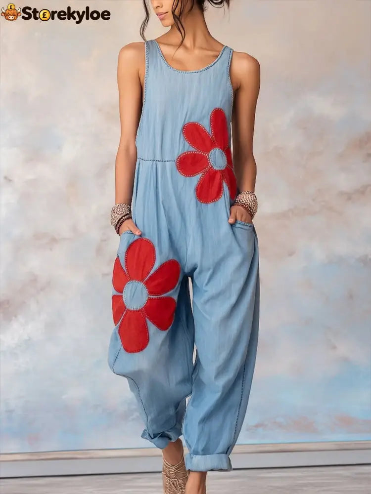 Women’s Floral Pattern Sleeveless Denim Jumpsuit - Blue / S