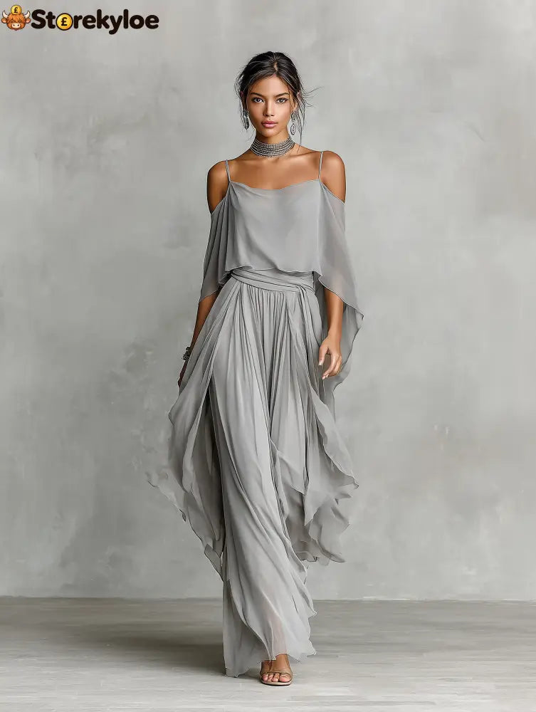 Women’s Grey Breathable Chiffon Maxi Dress With Cold-Shoulder Detail & Flared Silhouette