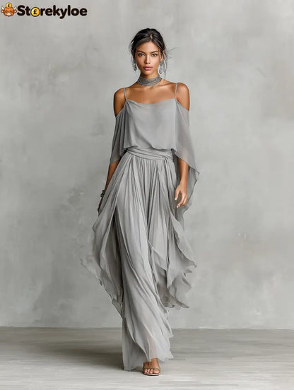 Women’s Grey Breathable Chiffon Maxi Dress With Cold-Shoulder Detail & Flared Silhouette