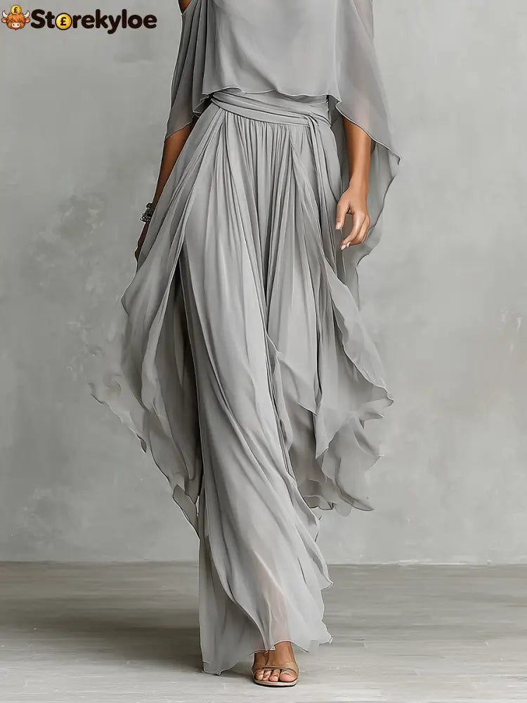 Women’s Grey Breathable Chiffon Maxi Dress With Cold-Shoulder Detail & Flared Silhouette