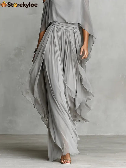 Women’s Grey Breathable Chiffon Maxi Dress With Cold-Shoulder Detail & Flared Silhouette