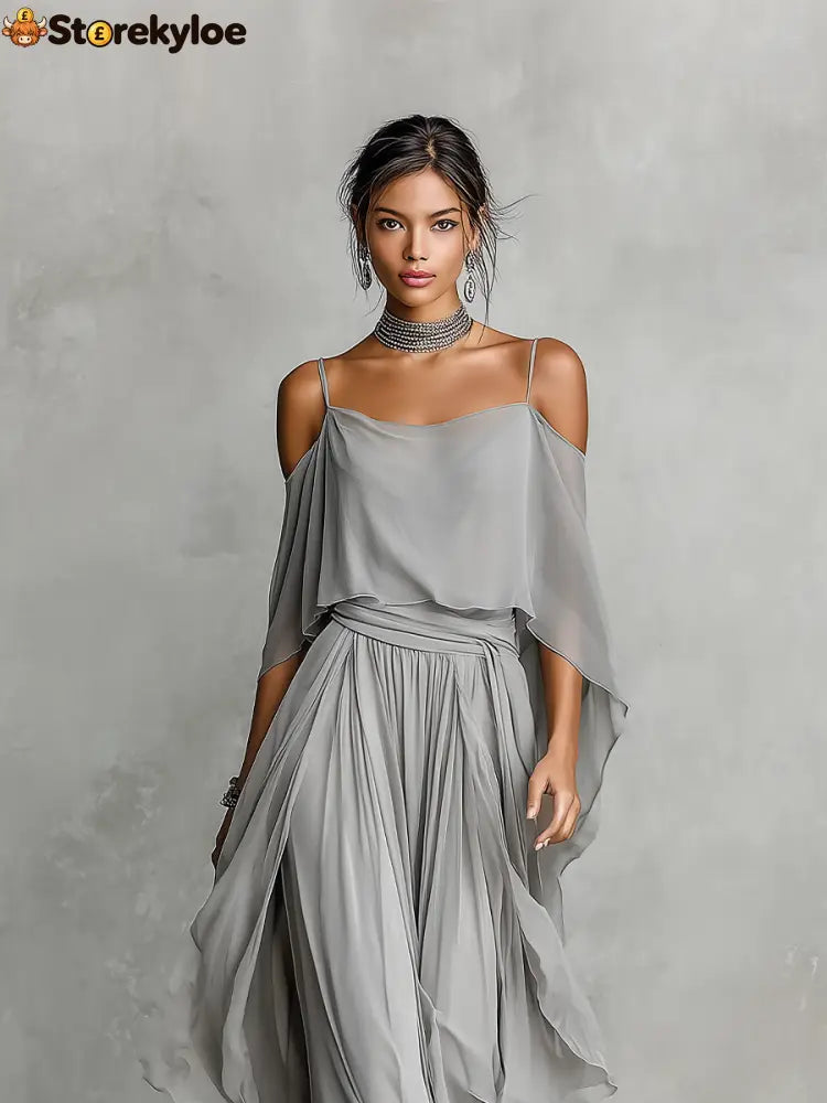 Women’s Grey Breathable Chiffon Maxi Dress With Cold-Shoulder Detail & Flared Silhouette