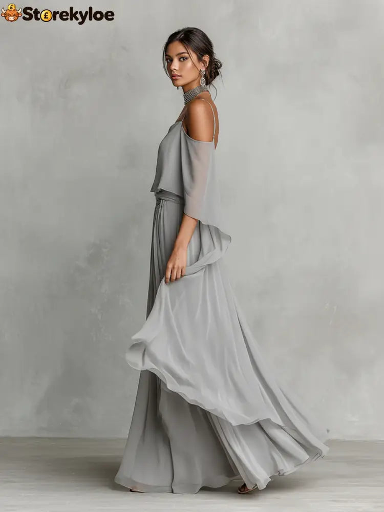 Women’s Grey Breathable Chiffon Maxi Dress With Cold-Shoulder Detail & Flared Silhouette