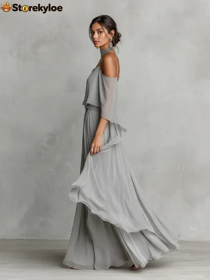 Women’s Grey Breathable Chiffon Maxi Dress With Cold-Shoulder Detail & Flared Silhouette