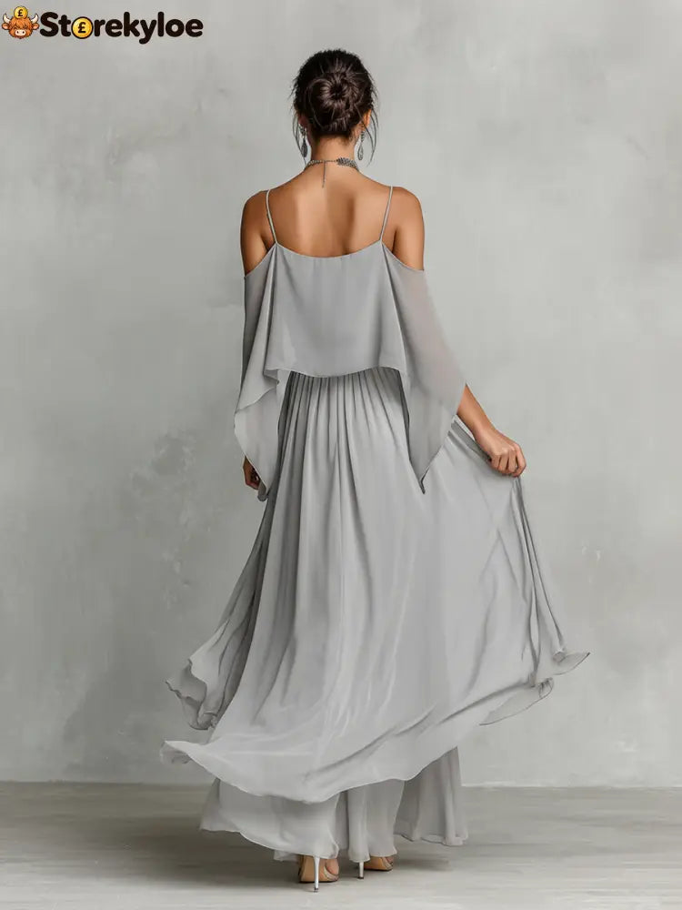 Women’s Grey Breathable Chiffon Maxi Dress With Cold-Shoulder Detail & Flared Silhouette