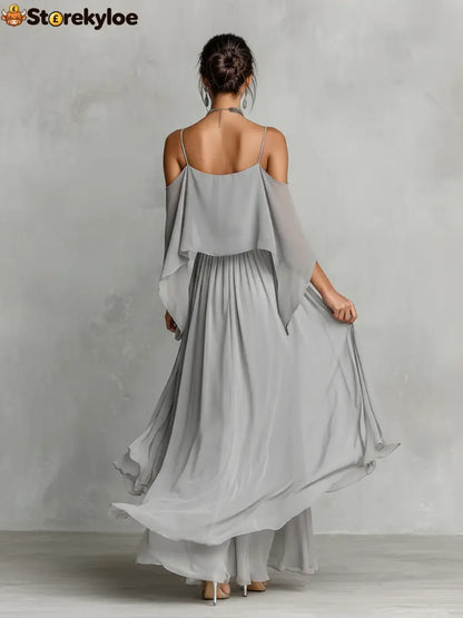 Women’s Grey Breathable Chiffon Maxi Dress With Cold-Shoulder Detail & Flared Silhouette