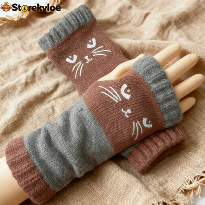 ❄️women’s Knitted Fingerless Gloves With Cute Cat – Cozy Stylish & Practical Winter Hand Warmers 🐾