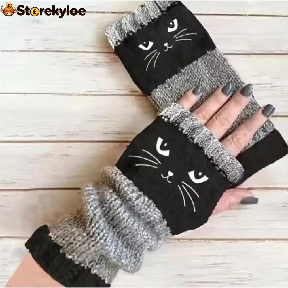 ❄️women’s Knitted Fingerless Gloves With Cute Cat – Cozy Stylish & Practical Winter Hand Warmers 🐾 - Black / One Size