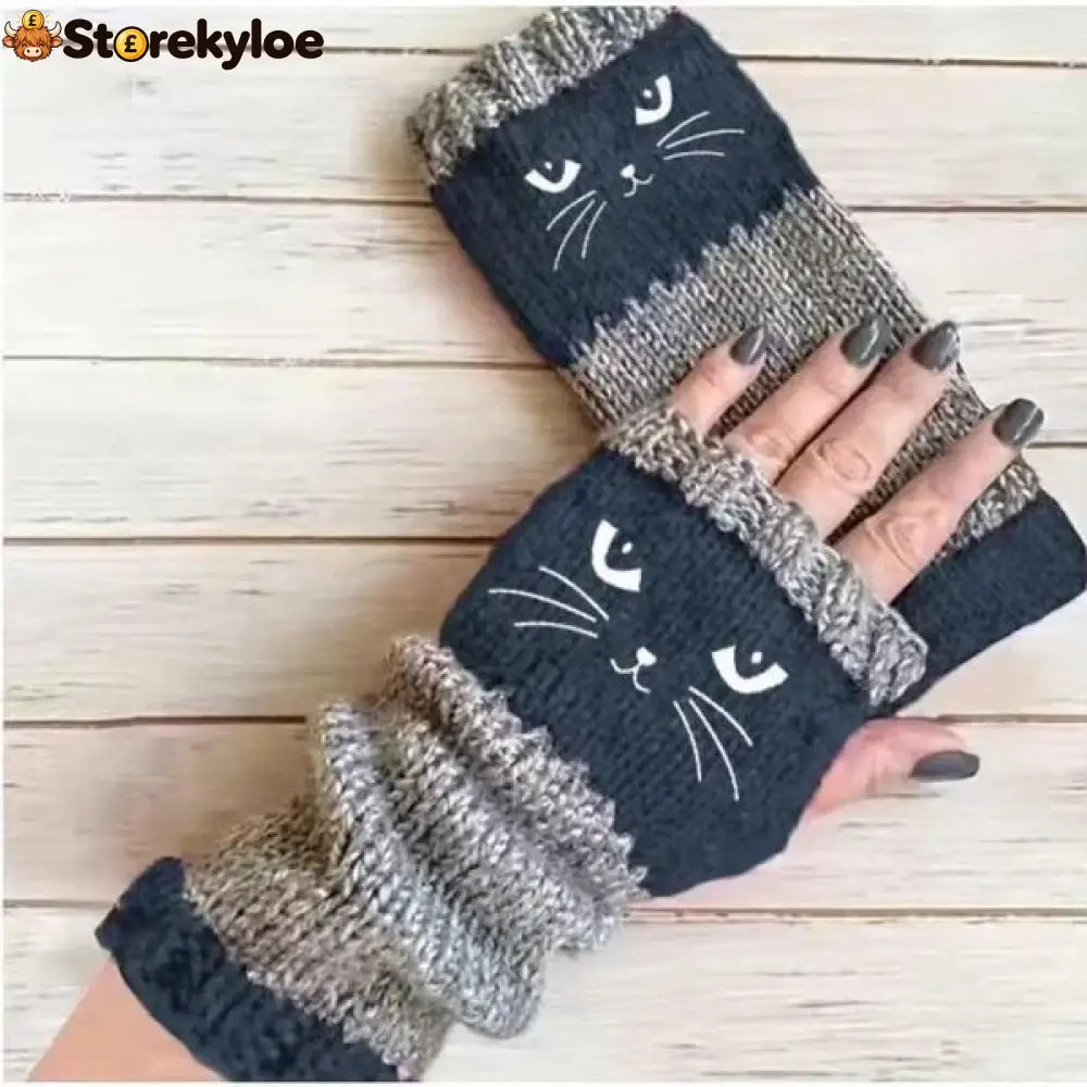 ❄️women’s Knitted Fingerless Gloves With Cute Cat – Cozy Stylish & Practical Winter Hand Warmers 🐾 - Blue / One Size