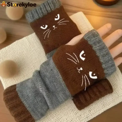 ❄️women’s Knitted Fingerless Gloves With Cute Cat – Cozy Stylish & Practical Winter Hand Warmers 🐾 - Brown / One Size