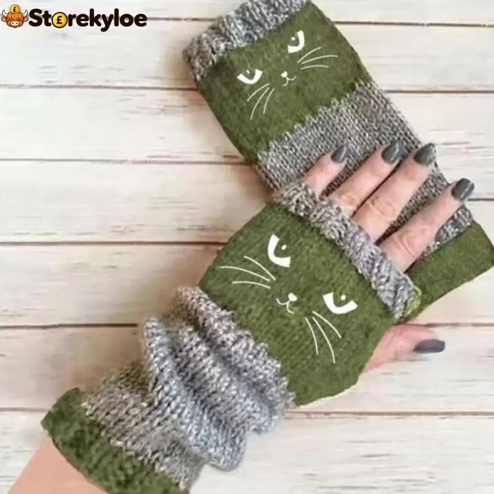 ❄️women’s Knitted Fingerless Gloves With Cute Cat – Cozy Stylish & Practical Winter Hand Warmers 🐾 - Green / One Size