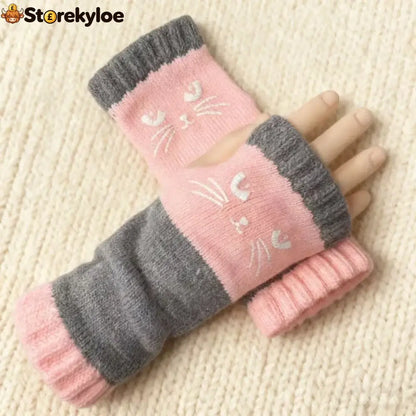 ❄️women’s Knitted Fingerless Gloves With Cute Cat – Cozy Stylish & Practical Winter Hand Warmers 🐾 - Pink / One Size