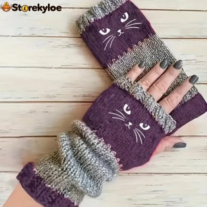 ❄️women’s Knitted Fingerless Gloves With Cute Cat – Cozy Stylish & Practical Winter Hand Warmers 🐾 - Purple / One Size