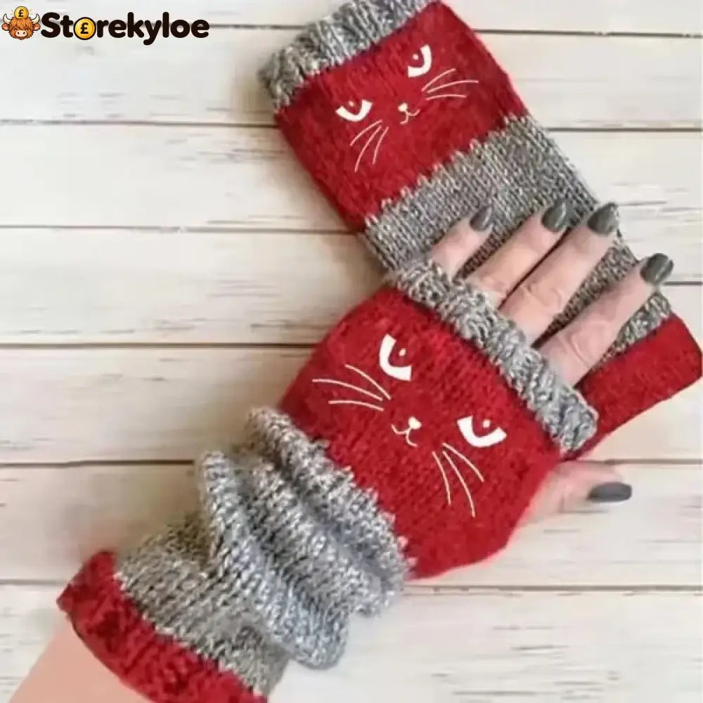 ❄️women’s Knitted Fingerless Gloves With Cute Cat – Cozy Stylish & Practical Winter Hand Warmers 🐾 - Red / One Size