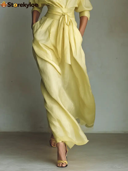 Women’s Lemon Yellow Cotton And Linen Blend Maxi Shirt Dress With Tie Waist & Half Sleeves