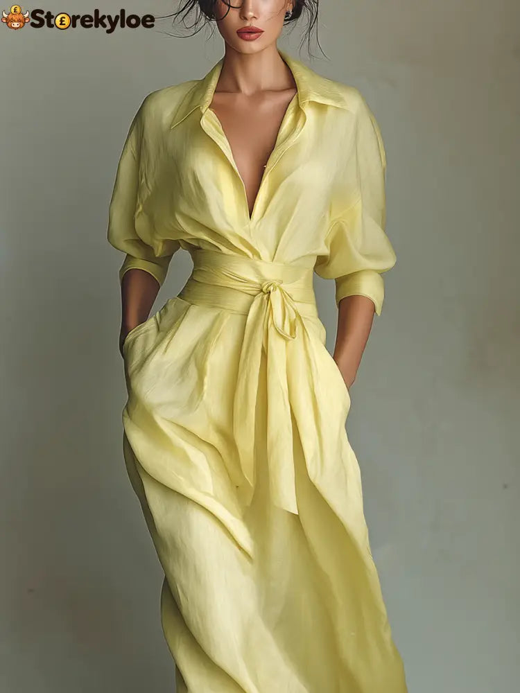 Women’s Lemon Yellow Cotton And Linen Blend Maxi Shirt Dress With Tie Waist & Half Sleeves