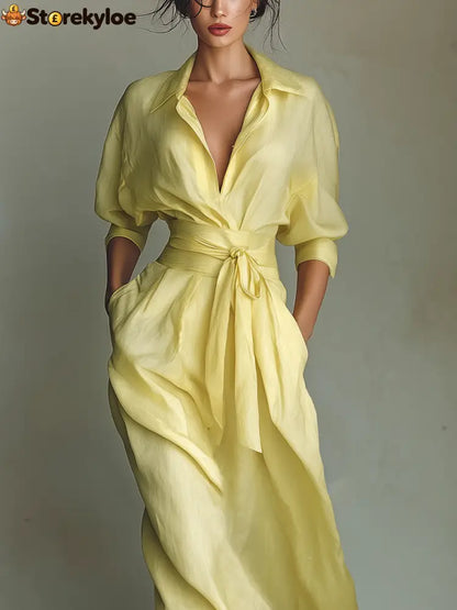 Women’s Lemon Yellow Cotton And Linen Blend Maxi Shirt Dress With Tie Waist & Half Sleeves
