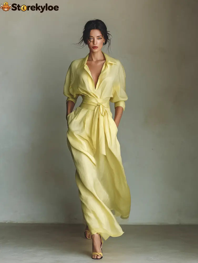 Women’s Lemon Yellow Cotton And Linen Blend Maxi Shirt Dress With Tie Waist & Half Sleeves