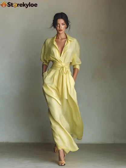 Women’s Lemon Yellow Cotton And Linen Blend Maxi Shirt Dress With Tie Waist & Half Sleeves