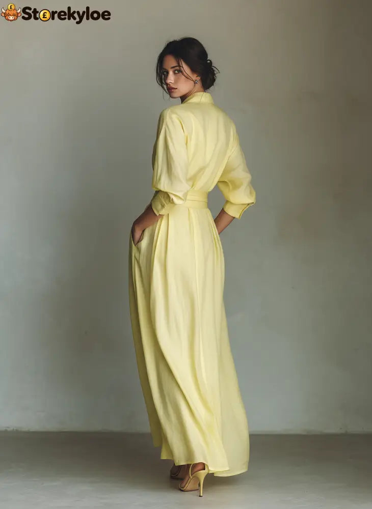 Women’s Lemon Yellow Cotton And Linen Blend Maxi Shirt Dress With Tie Waist & Half Sleeves