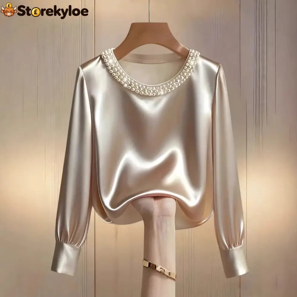 womens luxe satin pearl collar blouse fitting long