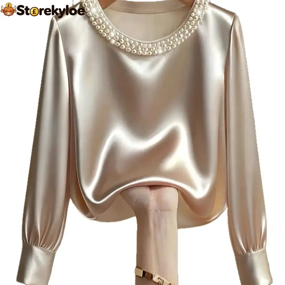 womens luxe satin pearl collar blouse fitting long