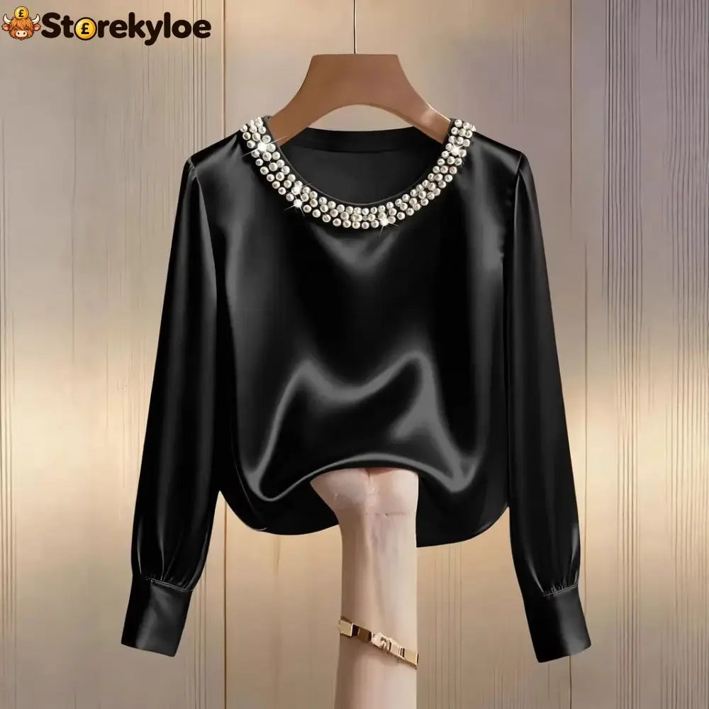 womens luxe satin pearl collar blouse fitting long