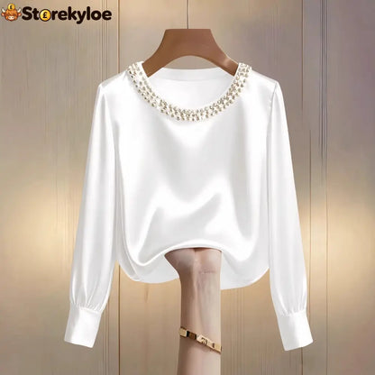 womens luxe satin pearl collar blouse fitting long