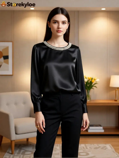 womens luxe satin pearl collar blouse fitting long - Black / S