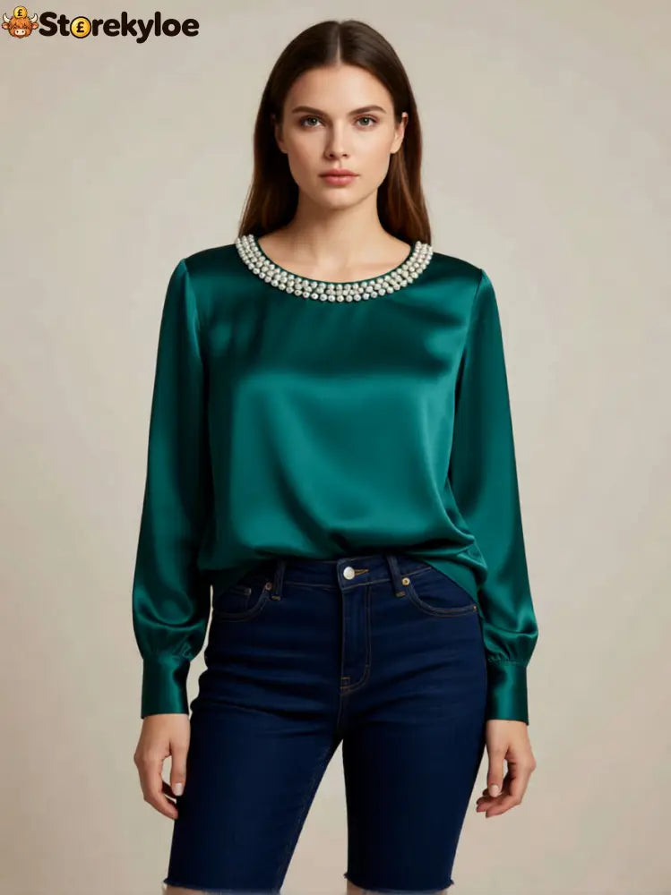 womens luxe satin pearl collar blouse fitting long - Green / S