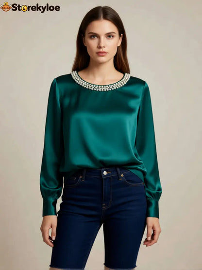 womens luxe satin pearl collar blouse fitting long - Green / S