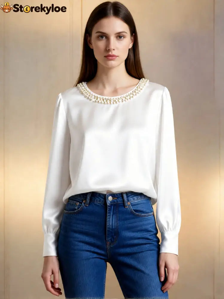 womens luxe satin pearl collar blouse fitting long - White / S