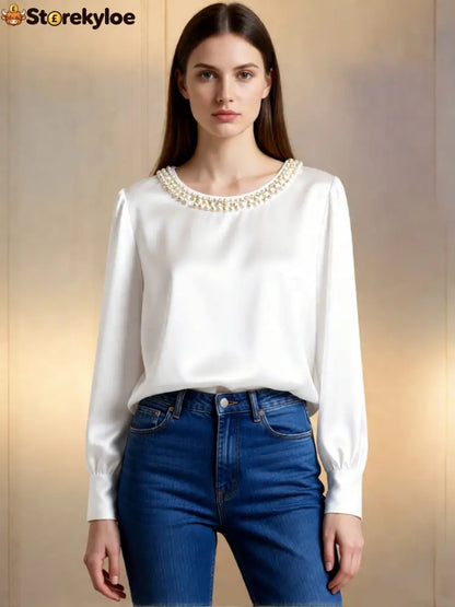 womens luxe satin pearl collar blouse fitting long - White / S