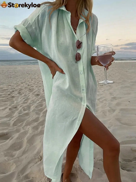 Women’s Maxi Dress Cotton Blend Shirt Dress - Light Green / S