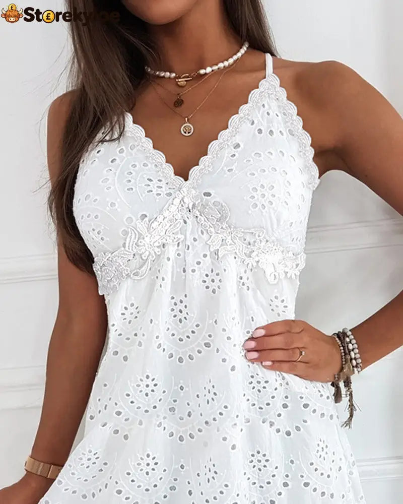 Womens Mini Sleeveless V Neck White Evening Party Hollow-Out Backless Lace Y2k Dress