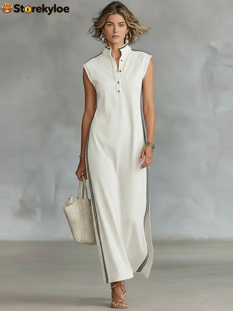 Women’s Minimalist Athletic-Style Sleeveless Henley Maxi Dress