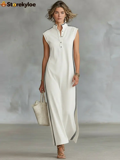 Women’s Minimalist Athletic-Style Sleeveless Henley Maxi Dress