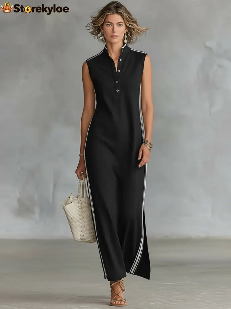 Women’s Minimalist Athletic-Style Sleeveless Henley Maxi Dress - Black / XS