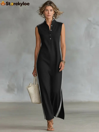 Women’s Minimalist Athletic-Style Sleeveless Henley Maxi Dress - Black / XS