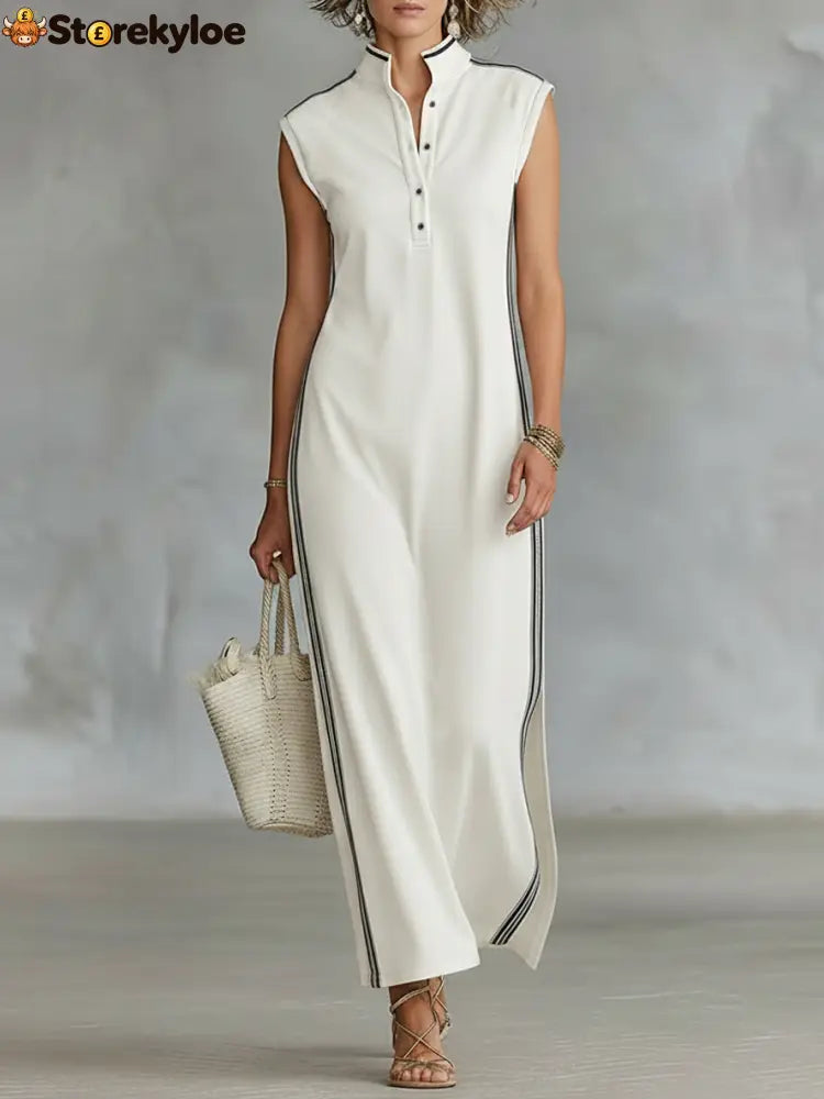 Women’s Minimalist Athletic-Style Sleeveless Henley Maxi Dress - White / XS