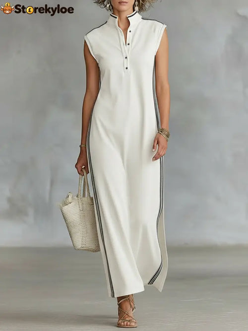 Women’s Minimalist Athletic-Style Sleeveless Henley Maxi Dress - White / XS