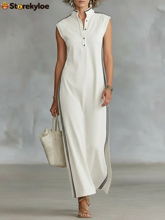 Women’s Minimalist Athletic-Style Sleeveless Henley Maxi Dress - White / XS
