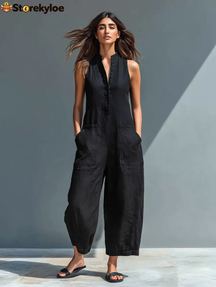 Women’s Minimalist Linen Blend Button-up Stand-collar Sleeveless Loose Jumpsuit